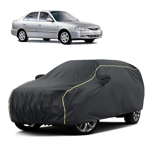 Image of Sulfar 100% Water Resistant Car Body Cover Compatible with Mirror for Hyundai Accent (Triple Stitched, Full Bottom Elastic, Dark Grey Taffeta with Yellow Piping)
