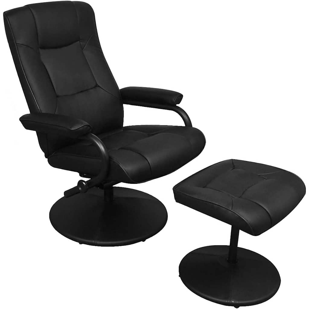 Fotel TV z podnóżkiem, czarny, sztuczna skóra, regulowane oparcie, rama z drewna, metalowa, obrotowa, ergonomiczna, do salonu, biura, czytania i relaksu