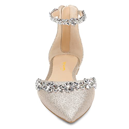 Image of XYD Women Classic Pointed Toe D'Orsay Wedding Flat Sandals Sparkly Rhinestones Ankle Strap Low Heel Dress Shoes with Zipper