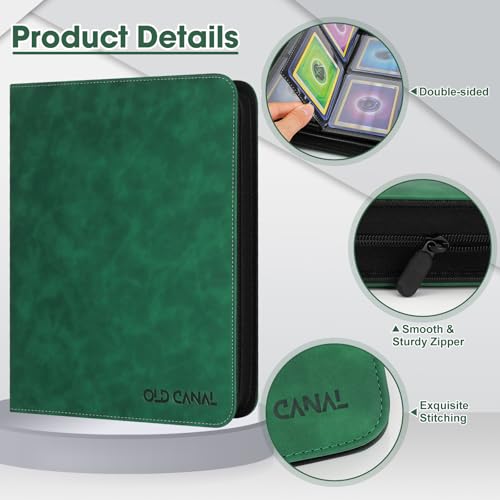 Old Canal Top Loader Binder, 4 Taschen Sammelkarten Album für 112 Top Loader, Tragbar Reißverschluss Karten Binders, Sammelkarten Ordner für MTG, TCG, Sport-Karten, Dunkelgrün (NUR FÜR TOP Loader)