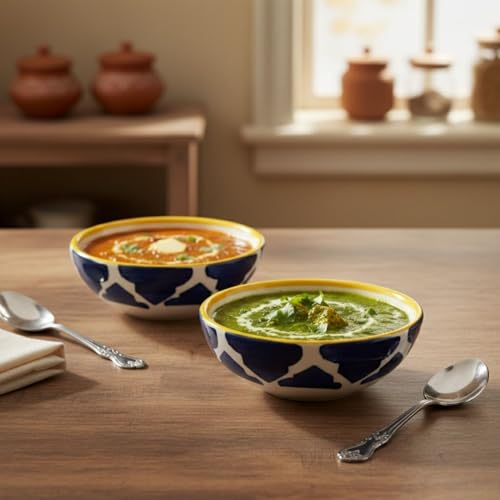 Image of Decorative Ceramic Eating Bowls for Regular Needs Kitchen Tableware Small Bowls for Dipping, Rice, Cereal, Soup, Desserts, Snacks, Fruits, Salads Dishwasher & Microwave Safe (Blue, Set of 6)