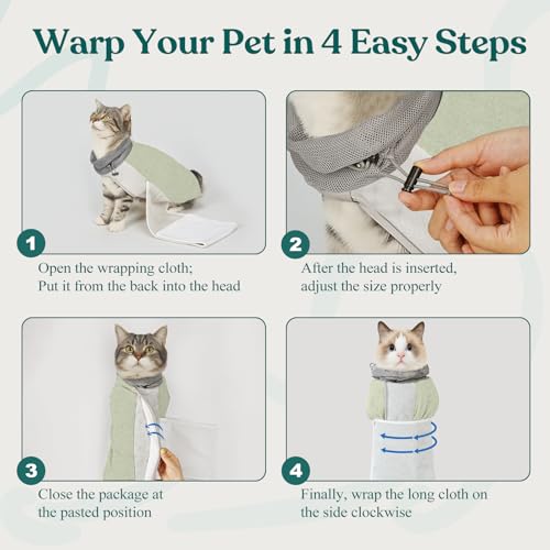 Image of Supet Cat Grooming Wrap for Cutting Nails, Self-Adhesive Calm Cat Swaddle | Bite-Proof Mesh Hood & Thick Waist Strap Anti-Escape Anti-Scratch Bag for Nail Trimming, Medication, Ear Cleaning (Green L)