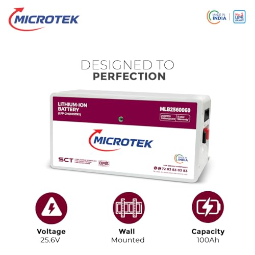 Image of Microtek 100Ah 25.6V LiFePO4 Lithium Inverter Battery | 2.56kWh Solar Battery for Home, UPS & Power Backup | Long Life 3500 Cycles, Fast Charging, Maintenance Free, 3 Year Warranty