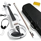 Silent Electric Solid Wood Violin Kit with Ebony Fittings in White Metallic Varnish - Full Size 4/4 Electric Violin for Beginner and Professional Musicians