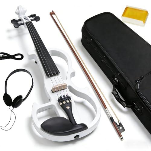 Silent Electric Solid Wood Violin Kit with Ebony Fittings in White Metallic Varnish - Full Size 4/4 Electric Violin for Beginner and Professional Musicians