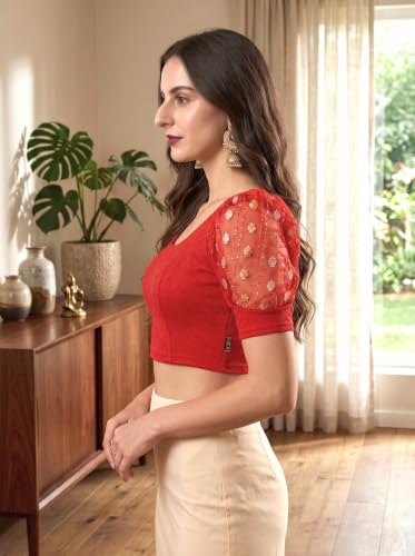 Image of SFT Women's Cotton Lycra Blend Readymade Saree Blouse with Round Neck Half Sleeves Solid Pattern Knit Weave Regular Fit and Pull On Closure
