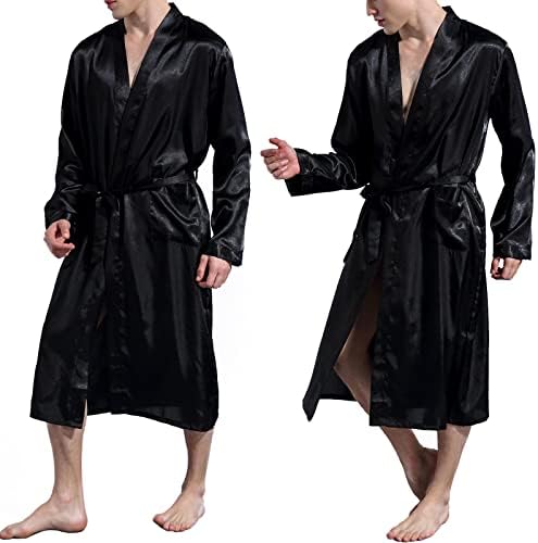 Nuofengkudu Men's Kimono Long Robes Satin Two Pockets Luxury Dressing Gowns Wedding