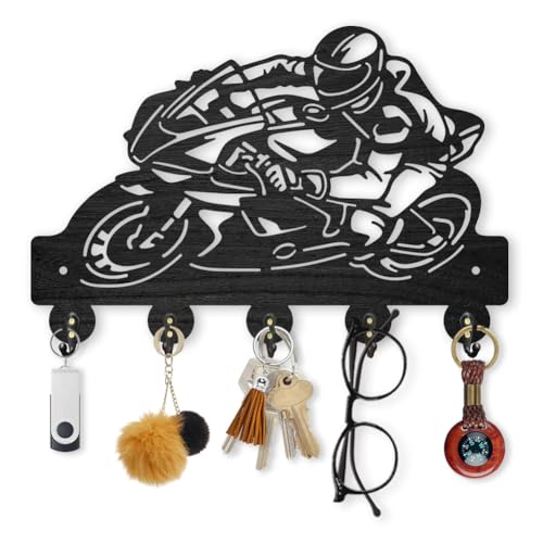 MAYJOYDIY Motorcycle Wooden Key Holder Motorbike Racing Key Hanger for Wall 11.8×7.9 Inch Drift Decorative Wall Mount Coat Rack with 5 Alloy Hooks for Entryway Kitchen Office Bedroom Gift