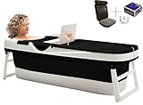HelloBath® Bañera Plegable XXL 157x60x48 cm para Adultos | Bañera Portátil con Cojín de Baño, Luz LED & Rodillos de Masaje | Móvil para Ducha & Exterior | Negro