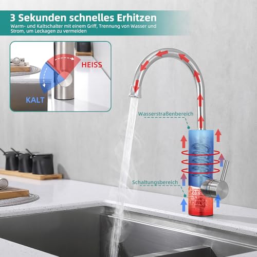 Elektrischer Wasserhahn mit Durchlauferhitzer 230V,Wasserhahn Küche Durchlauferhitzer Küche LED Elektrischer Wasserhahn Edelstahl,360° Swivel Warmwasserboiler Küchenarmatur Camping Wasserhahn