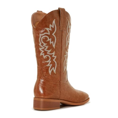 Image of Cowgirl Boots Square Toe Cowboy Boots For Women Ladies Mid Calf Low Heel Flat