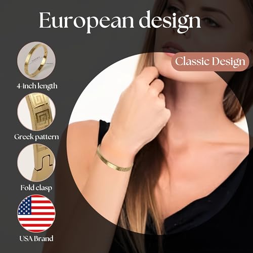 European Style Classic Greek Key Design Bangle Bracelet, Silver-Plated Cuff Bracelet for Men & Women - Fold-Over Clasp with Exquisite Pouch & Box3