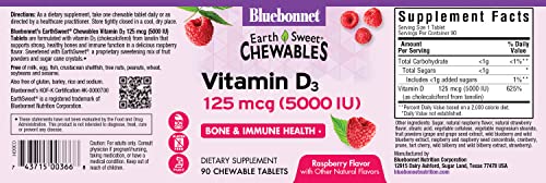 Bluebonnet Nutrition Earth Sweet Vitamin D3 5000 Iu Chewable Tablets, Aids In Muscle & Skeletal Growth, Non Gmo, Gluten & Soy & Milk Free, Kosher, Raspberry, White, 90 Count #TOP7
