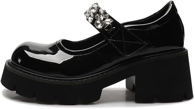 Women's Mary Jane Shoes Platform Buckle Strap Shallow Mouth Ladies Chunky Heel Shoes Round Toe Rhinestone Girls Gothic Lolita Shoes Size 1-9 UK