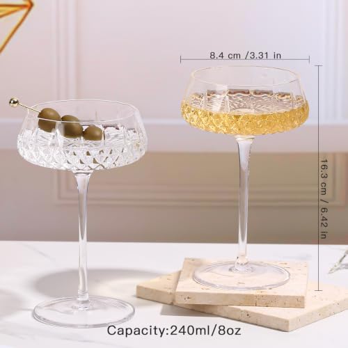 Coupe Glasses Set of 4, 8oz Tall Stem Crystal Martini Cocktail Glasses, Radial Sunburst Faceted Diamond Cut Drinkware for Margaritas, Champagne, Cocktail Parties & Home Bar Decor, Vintage Style by SIPBYSOP - Used condition - Image 7
