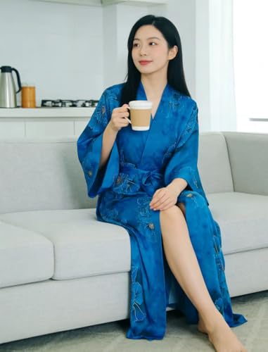 Image of Women's Classic 100% Silk Kimono Robe, Bathrobe-Printed Pattern