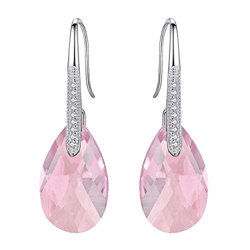 EleQueen 925 Sterling Silver CZ Teardrop Shepherd Hook Dangle Earrings Pink Made with Austrian Crystal for Women, Valentine's Day/Mother's Day/Christmas Jewelry Gift
