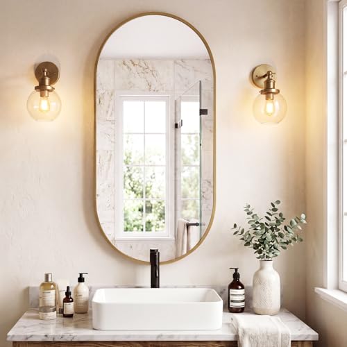 Image of Sweetcrispy 24 inch x 48 inch Gold Bathroom Mirror for Wall, Oval Wall Mirror with Metal Frame, Tempered Glass, Modern Vanity Mirror for Over Sink, Living Room, Bedroom, Entryway, Horizontal or Vertical