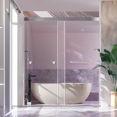 Miscoos Semi-Frameless Double Sliding Shower Door - Bypass Design, 56"-60" W x 70" H, Chrome, 1/4" SGCC Tempered Glass with Explosion-Proof Film