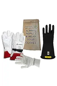 National Safety Apparel Class 2 Black Rubber Voltage Insulating Glove Premium Kit with FR Knit Glove and Leather Protectors, Max. Use Voltage 17,000V AC/ 25,500V DC (KITGC210AG)