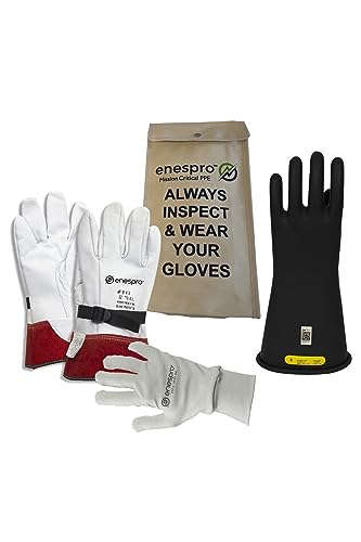 Enespro Class 2 Black Rubber Voltage Insulating Glove Premium Kit with FR Knit Glove and Leather Protectors, Max. Use Voltage 17,000V AC/ 25,500V DC (KITGC210AG)