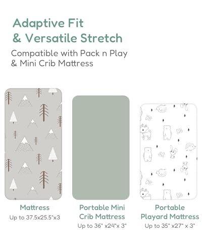 Image of Pack and Play Sheets Fitted 2 Pack, 38x26 Graco Pack n Play Sheets for Playard & Travel Crib Mattress, Ultra Soft Jersey Knit, Breathable Stretchy Deep Pocket, Compatible with Mini Cribs