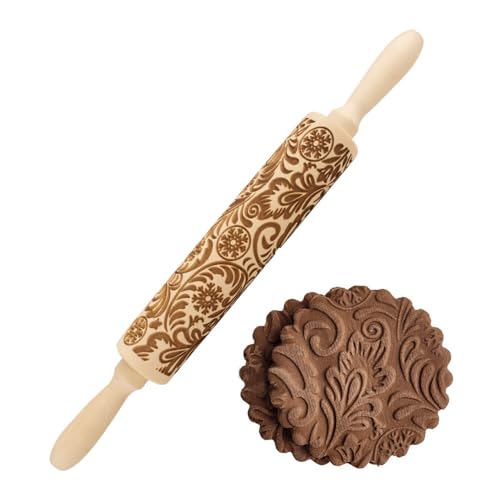NAVESO Teigroller Nudelholz mit Muster, 3D Gravur-Nudelholz, Weihnachten Schneeflocke Teigroller Muster, Holz-Nudelholz, Geprägte Nudelhölzer,Motiv Nudelholz für DIY Weihnachten Küche Plätzchen