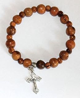 FavorOnline Olive Wood Jerusalem Rosary Bracelets from The Holy Land with Silver Crucifix