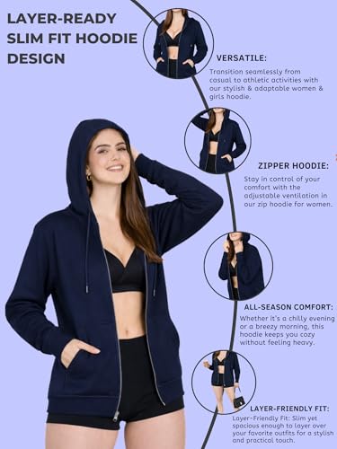 Image of Women's Solid Zipper Hooded Sweatshirt | Front Zip, Ribbed Hem, Lined Hood, Casual Winter Wear Jacket, Pure Cotton Hoodies Soft, Lightweight, Warm & Stylish Kangaroo Pocket