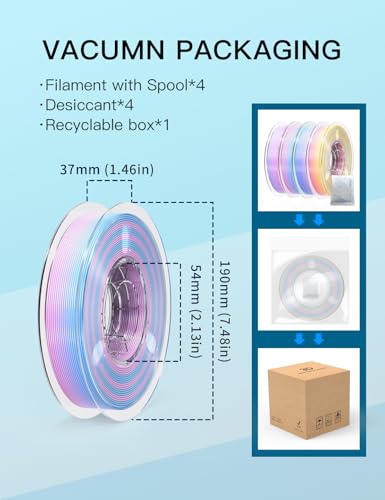 Image of PINBALL 500gx4 Silk Rainbow PLA 3D Printer Filament 1.75mm, Shiny Multi-Color Changing Filament 3D Printing Filament Dimensional Accuracy + /- 0.02mm, 500g*4 Spools