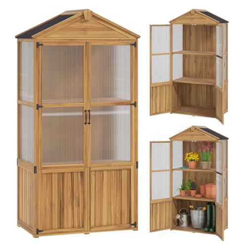 Outsunny Gartenhaus aus Holz, Gartenschrank aus Holz mit Acrylpaneelen, Asphaltdach und abnehmbaren Regalen, Geräteschuppen mit Doppeltüren, 94 x 55 x 178 cm, naturfarben