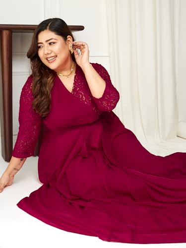 Image of Miss Chase A+ Women's Floral Printed Relaxed Fit V -Neck 3 /4Th Sleeve Georgette Maxi Dress