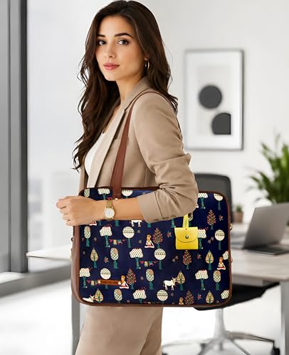 Image of Funk For Hire Women's Navy Blue Brown Printed Faux Leather 15.6 inch Laptop Handbag Sling with Waterproof Nylon Lining Cushioned Sleeve Adjustable Padded Strap Organizer