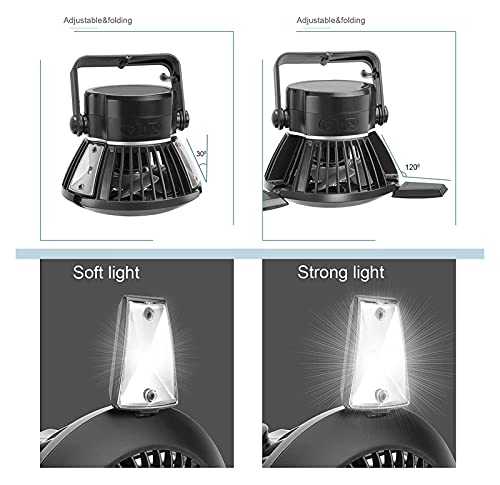 Ventilatore da tenda ricaricabile con luci, ventilatore solare, con ventilatore a soffitto, ventilatore alimentato a batteria per campeggio, pesca, escursionismo, all'aperto, con gancio per appenderlo