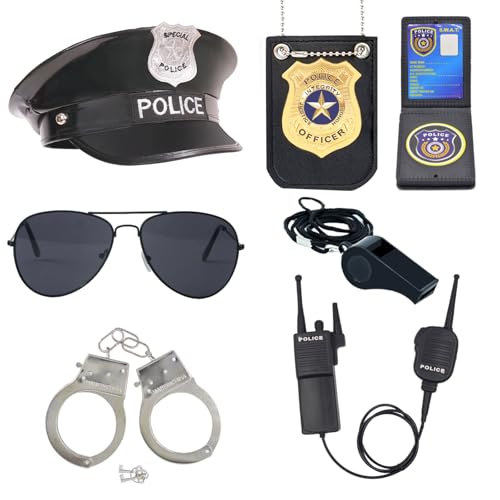 ZUCOS Polizei Kostüm Kinder, Polizist Handschellen Sonnenbrille Abzeichen Detective Cop Swat Rollenspiel Zubehör Halloween Party Kostüm (A, Medium)