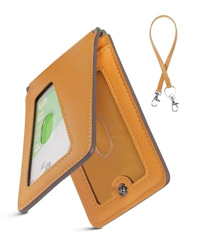 [LuoLuo] 定期入れ メンズ パスケース 5枚収納 本革Dカン 薄型 バタフライ ICカード2枚使用可能 ストラップ付き 通勤 通学 (イエロー)の商品画像（Amazon）