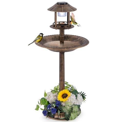 GOPLUS Mangeoire Oiseaux Exterieur sur Piédestal 3 en 1 avec Lumière Solaire, Dia. 50 CM, Abreuvoir Oiseaux Exterieur avec LED, Bain d’Oiseau et...