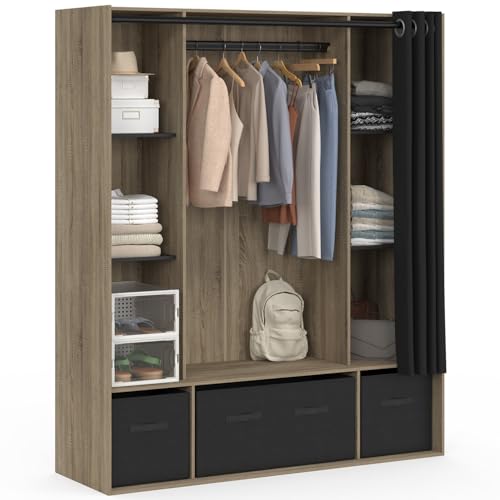 IDMarket - Vestidor doble armario DIANE 140 x 50 x 172 cm haya con estantes + cajas de almacenamiento + cortina negra
