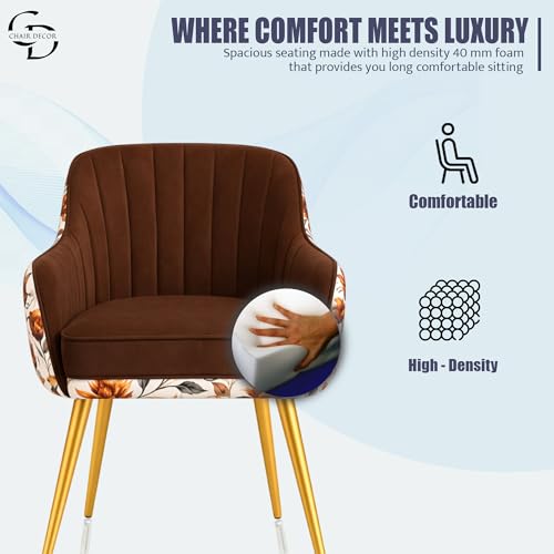Image of Velvet Accent Chair | Luxury Upholstered Armchair with Sturdy Metal Legs | Modern Comfortable Chair for Living Room, Bedroom, Office, or Cafe (Golden Legs, Dark Brown Floral)