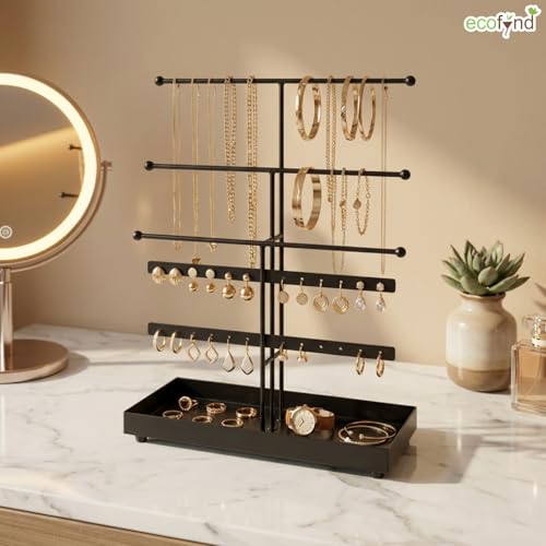 Image of ecofynd 5-Tier Metal Jewelry Organizer Stand with 3 Hanger & 24 Earring Holes,16-Inch Holder for Earrings, Necklaces, Bracelets & Rings, Space-Saving Display for Vanity & Dressing Table (Black, JS011)