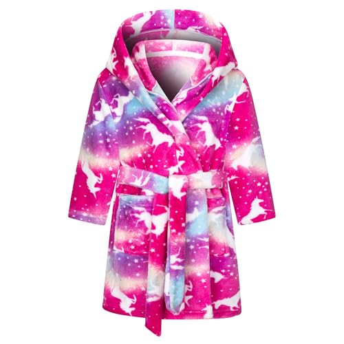FILOWA Albornoz con Capucha Niña Infantil Ducha Bata de Baño Fluffy Casa Polar Suave Pijamas Caliente Animados Franela Ropa de Dormir para Niño Pequeños 6-7 Años, Rojo Unicornio