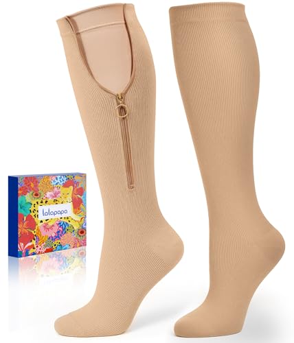 Lalapapa Zipper Compression Socks for Women - Compression Socks with Inner Lining Adjustable 20-30mmHg Graduated Support, Nude, S/M