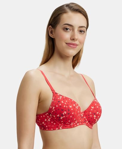 Image of Jockey UL50 Women's Under-Wired Padded Super Combed Cotton Elastane Stretch Medium Coverage Printed T-Shirt Bra with Detachable Straps (Prints May Vary)