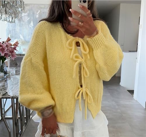 Image of Women Knitted Tie Front Cardigan Tops Casual Knitwear Top Long Sleeve Open Front Baggy Sweater Y2k Girls Outwear