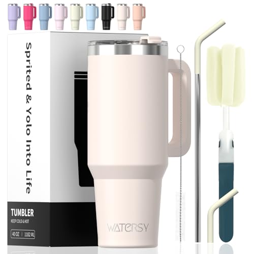 Image of 40 oz Tumbler with Handle,Tumbler with Lid and Straw,Double Wall Insulated Cup Stainless Steel Travel Mug(Cold for 34 Hours),Water Bottle for Iced Tea,Coffee,Cold Beverages(Ivory Beige)
