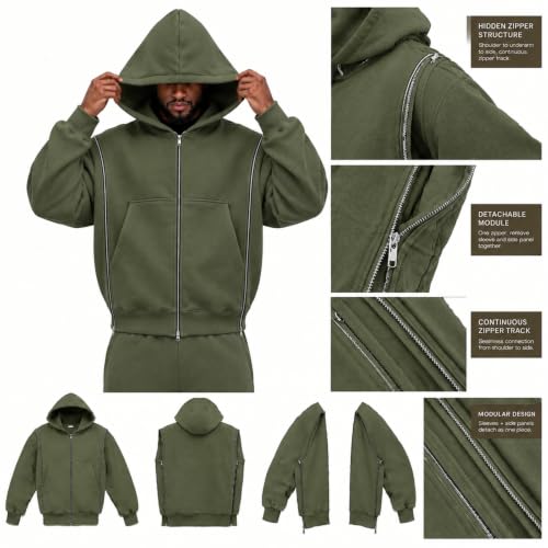 Waffle Zip Up Hoodie Men Interchangeable Zipups Oversized Y2k Sweatshirt - image 5
