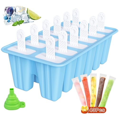 12 Zellen Eisformen Eis Am Stiel Silikon, 40 Popsicle Taschen, Silikon Eisformen mit Stiel Bpa-Frei,...