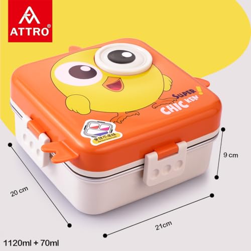 Image of ATTRO Carnival Super Birdy Lunch Box 2 Layer Stainless Steel Lunch Box Comes with 1 Detachable Tray, 1 Small Container & 1 Spoon Ideal for Kids BPA Free 1120ml+70ml- Orange