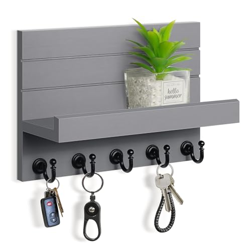 HONJIN Key and Mail Holder for Wall: Rustic Key Hanger Key Rack Organizer with 5 Sturdy Key Hooks for Entryway Bedroom Kitchen House Decor (Grey)