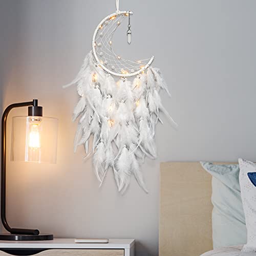 Dremisland Moon Dream Catcher with Fairy Lights-Handmade Feather Lucky Turquoise Pendant Beads Wall Hanging Ornament for kids Bedroom Home Decoration,Art Craft Gift. (Pure White) - Thumbnail 2